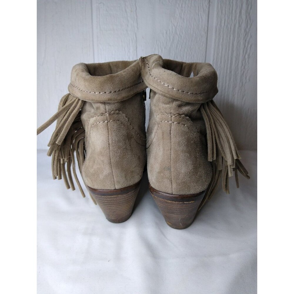 Sam Edelman WOMEN'S Size 7 US Tan Suede Louie Fringe Ankle Boots Stacked Heel - Picture 4 of 12